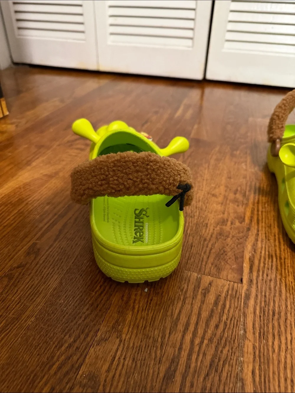 CROCS X Shrek Neon Lime Green Clog Sandals with Brown Fuzzy Heel Strap